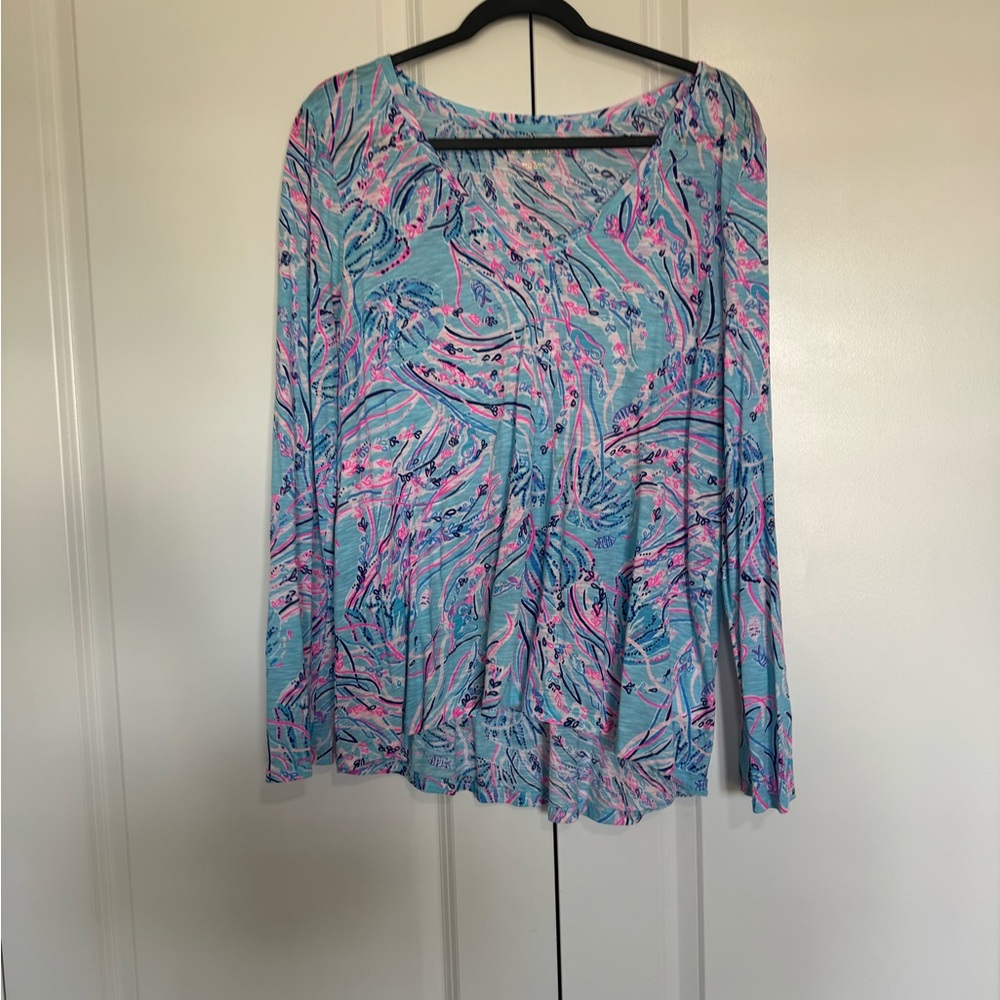 Lilly Pulitzer Pink and Blue Long Sleeve Pleated Blouse